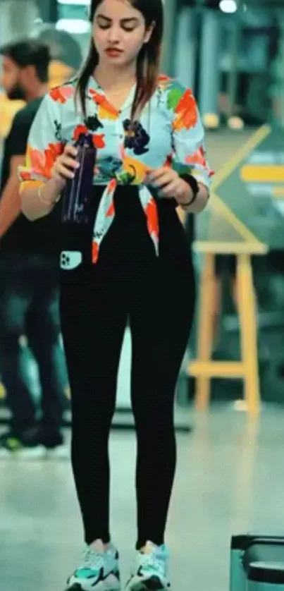 Person in colorful gym attire holds a bottle in modern fitness center.