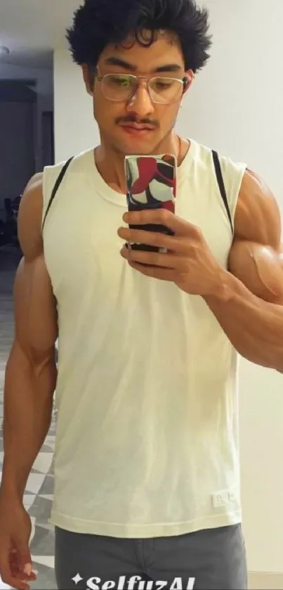 Man takes a mirror selfie at the gym wearing a white tank top and glasses.