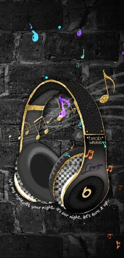 Black and gold headphone with music notes wallpaper.