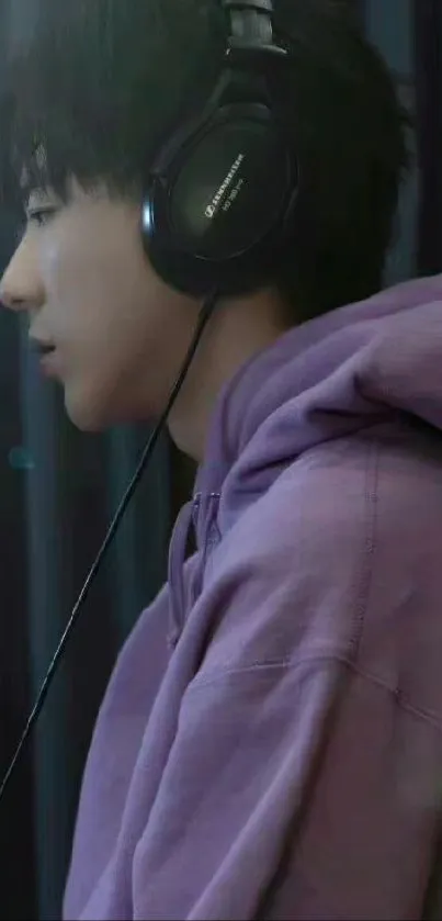 Person in a purple hoodie wearing headphones, viewed in profile.