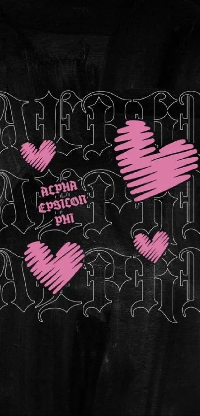 Alpha Epsilon Phi black wallpaper with pink hearts.