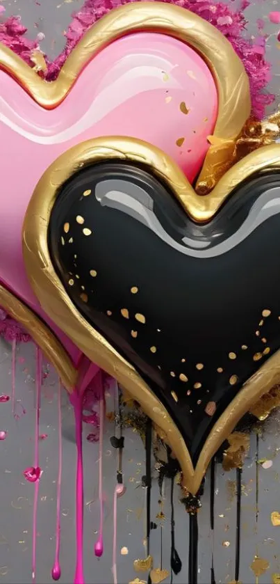 Two hearts with gold accents on a stylish wallpaper.