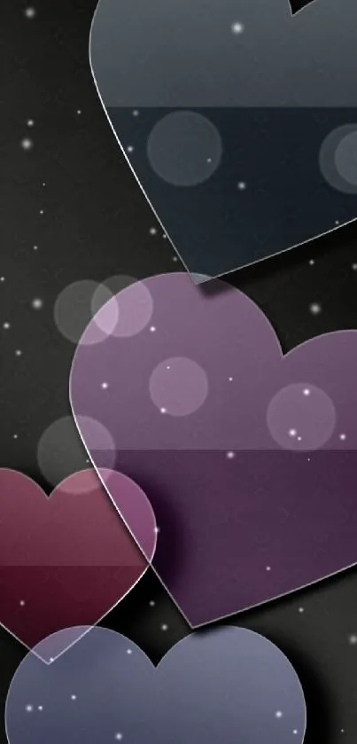 Mobile wallpaper with stylish gradient hearts on a dark background.