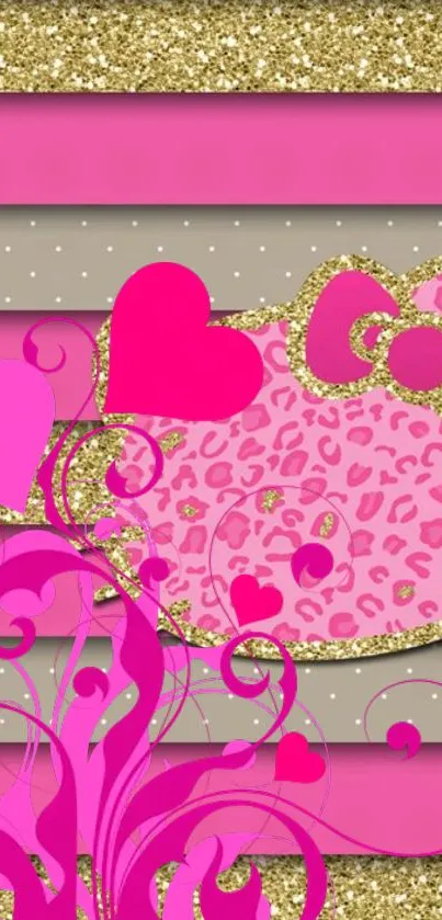 Pink and gold glitter wallpaper with hearts and Hello Kitty design.