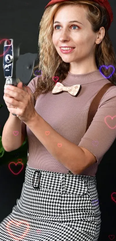 Stylish woman with hearts background, phone wallpaper.
