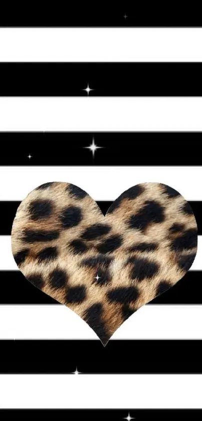 Black and white striped wallpaper with leopard heart design.