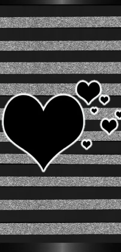 Black hearts on silver glitter stripes mobile wallpaper.