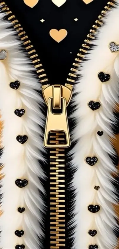 Chic heart-patterned zipper wallpaper with faux fur design.