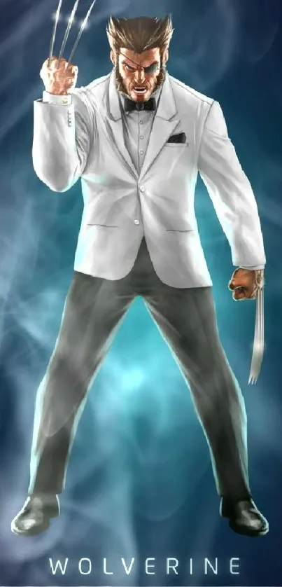 Stylish hero with claws in a suit, dark blue background.