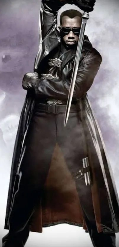 Heroic figure in black leather coat holding a sword in striking pose.