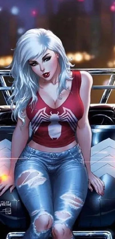 White-haired heroine in superhero outfit sitting on car at night.