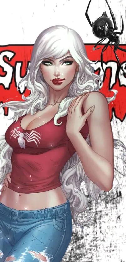 Stylish superheroine in red top with spider design, vibrant mobile wallpaper.