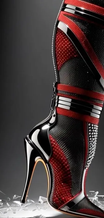 High-heel boot with red accents on a dark background.