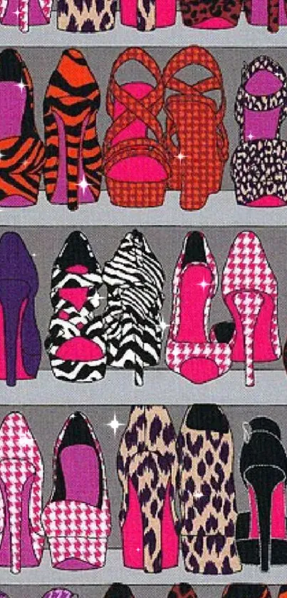 Animal print high heel pattern wallpaper in vibrant colors.