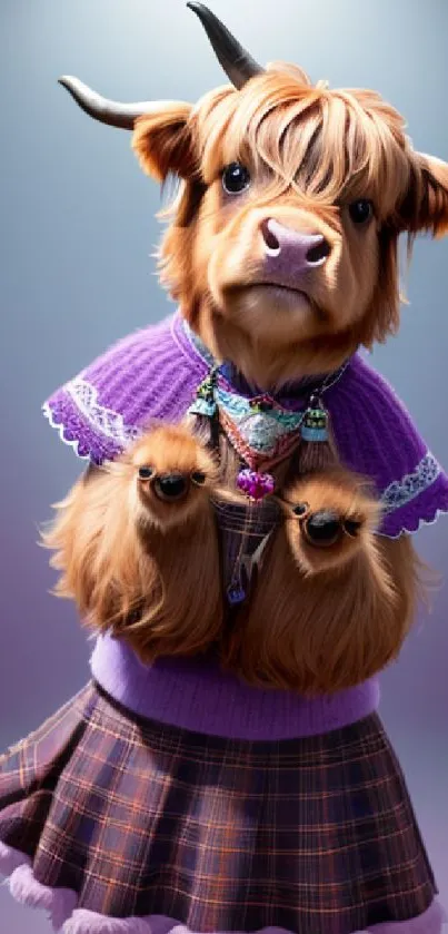 Cute Highland cow in a plaid skirt and purple sweater portrait.