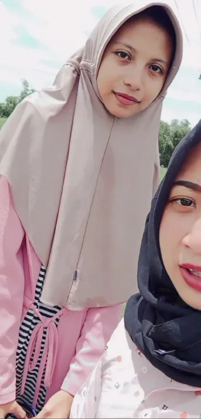 Two friends wearing fashionable hijabs in selfie.