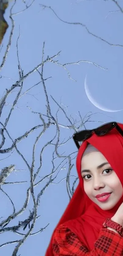 Woman in red hijab with moonlit branch background wallpaper.