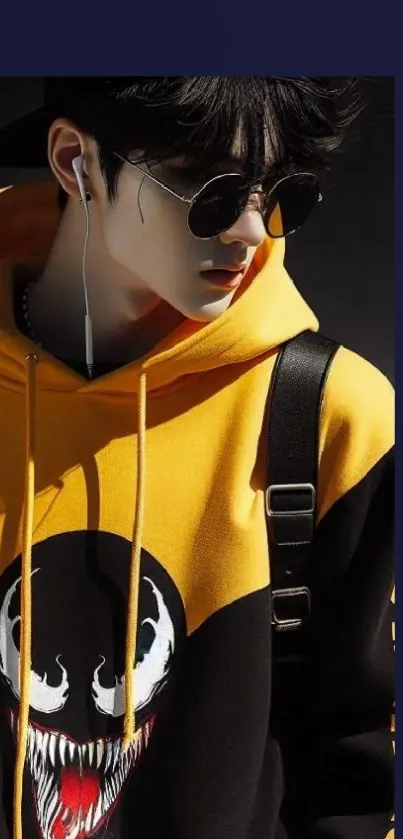 Stylish person in yellow hoodie with headphones.