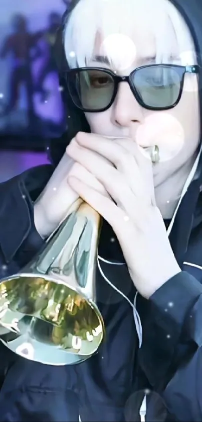 Person in hoodie and sunglasses playing a gold trumpet.