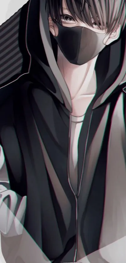 Anime character in a black hoodie and mask with a stylish background.