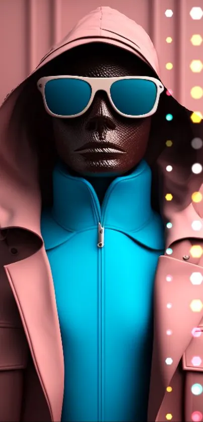 Modern mannequin in pink hoodie with sunglasses and vibrant lighting.