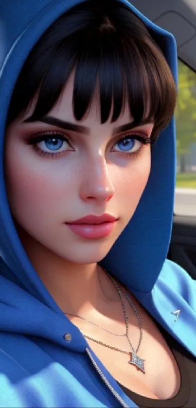 Model in blue hoodie with captivating eyes, stylish wallpaper.