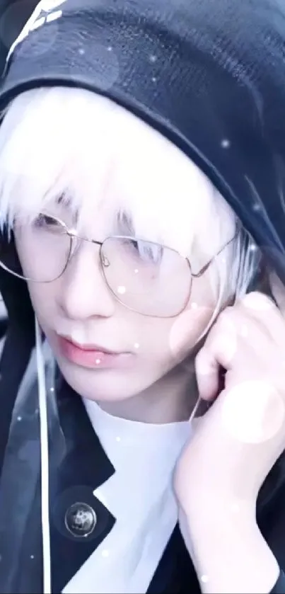 Person wearing glasses and a black hoodie with white hair, stylish portrait.