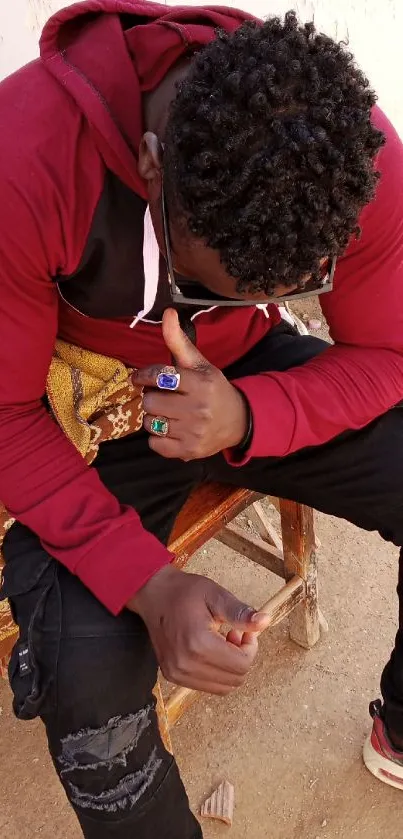 Person in a red hoodie sitting on a chair, exhibiting casual style.