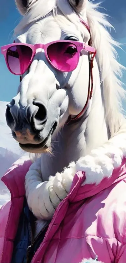 White horse in pink sunglasses and jacket with snow background.