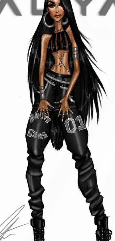 Stylish illustrated figure with black attire and long hair.