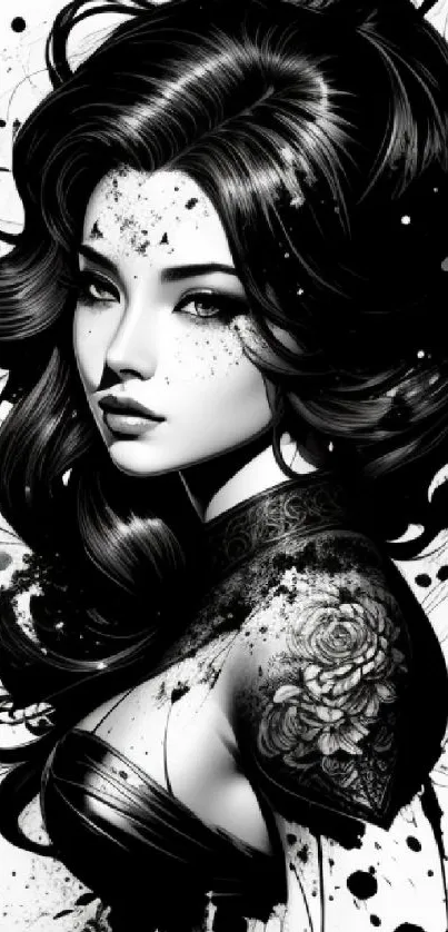 Monochrome tattoo art of a stylish woman with ink designs.