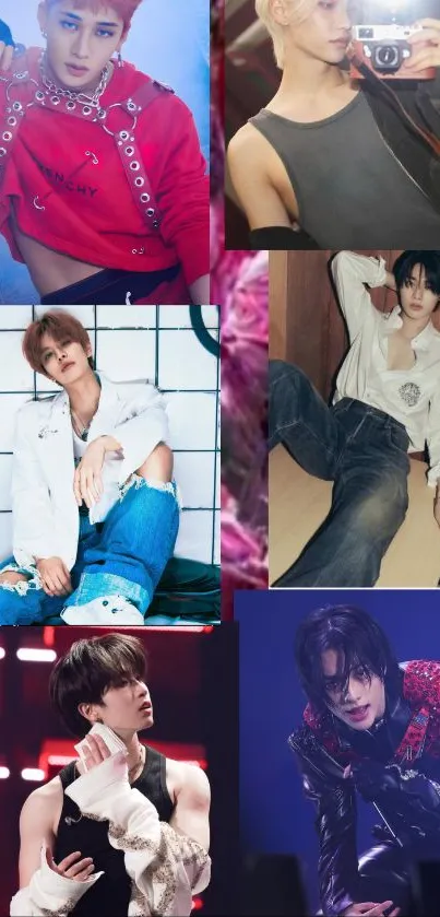 K-Pop stars collage vibrant wallpaper with diverse styles and poses.