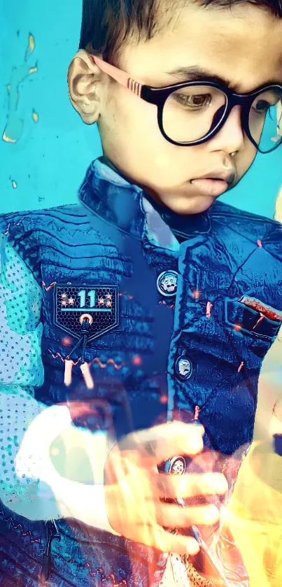 Artistic mobile wallpaper of a stylish young boy in vibrant blue tones.