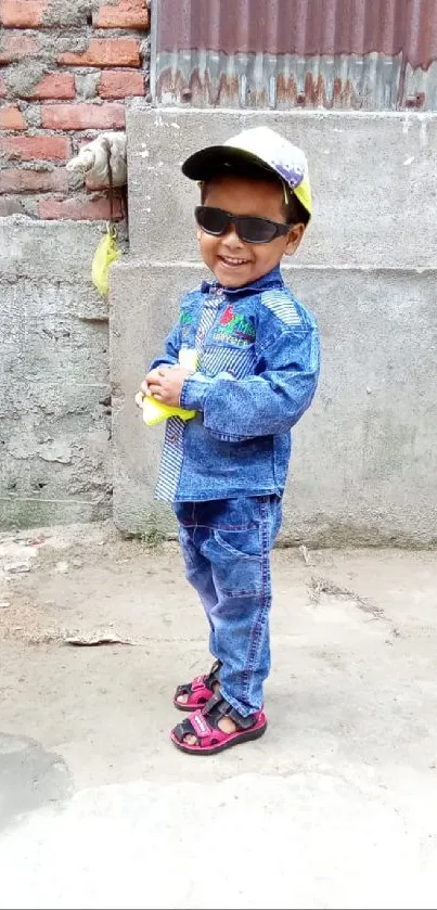 Young child in denim and sunglasses smiling confidently on urban street.