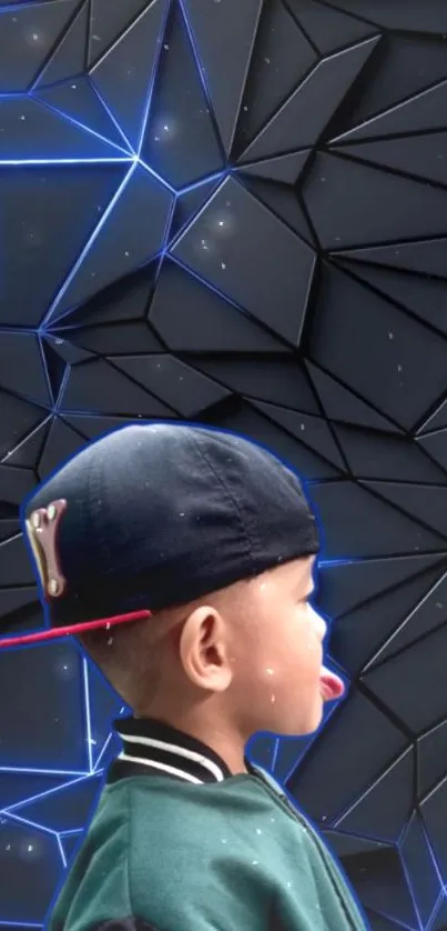 Young boy in cap with geometric art background and blue lines.