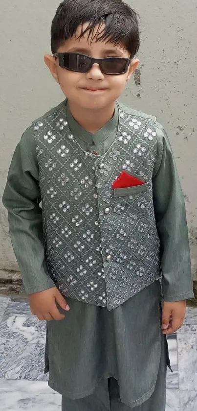 Young boy in green traditional outfit with sunglasses.