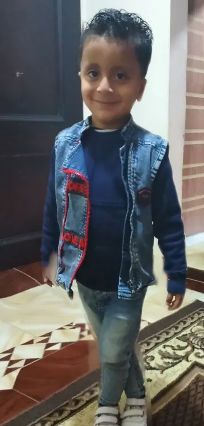 Young boy in denim jacket with a cheerful smile indoors.