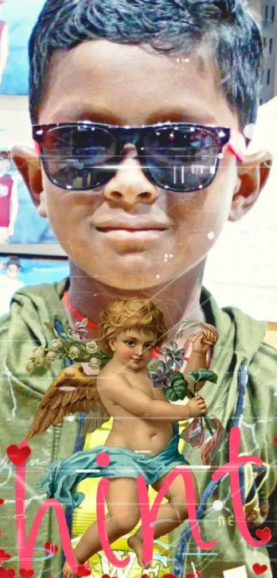 Mobile wallpaper of a stylish kid with angel and red heart overlay.