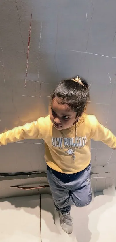 Child in yellow shirt posing with urban backdrop.