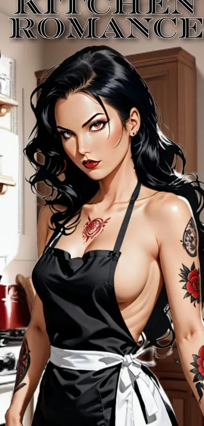 Sensual kitchen romance with tattoos and apron