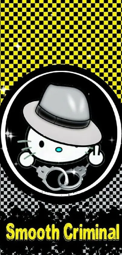 Mobile wallpaper of a kitty with hat and handcuffs on yellow checkerboard.