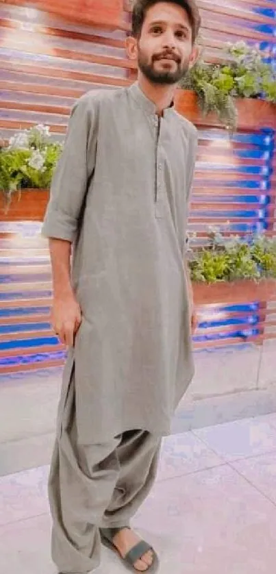 A person in a grey kurta with a blue and brown accent wall background.