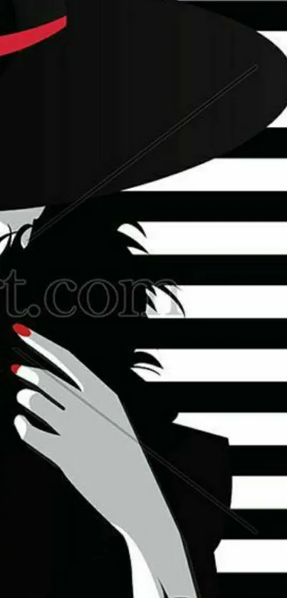 Elegant lady in black and red with striped background.