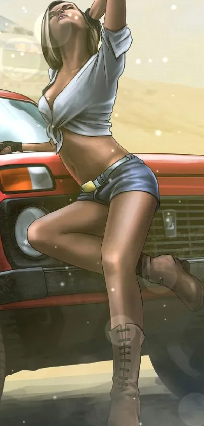 Woman poses stylishly by red car in denim shorts.