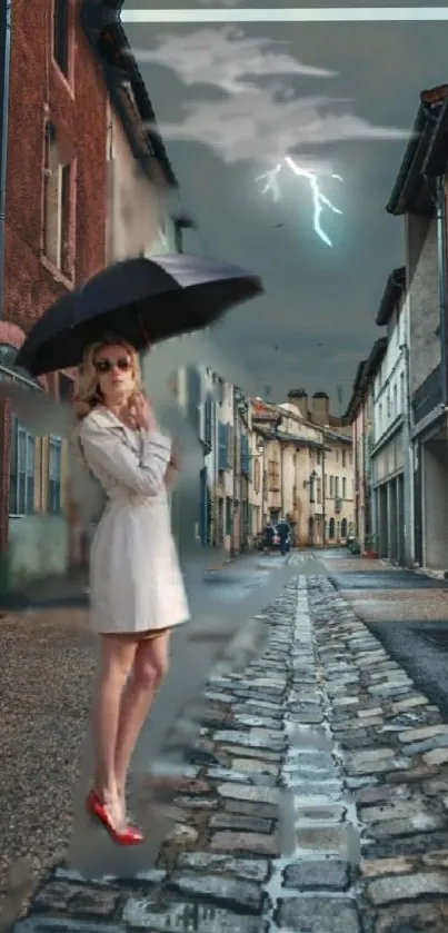 Stylish woman with umbrella on stormy street with lightning.