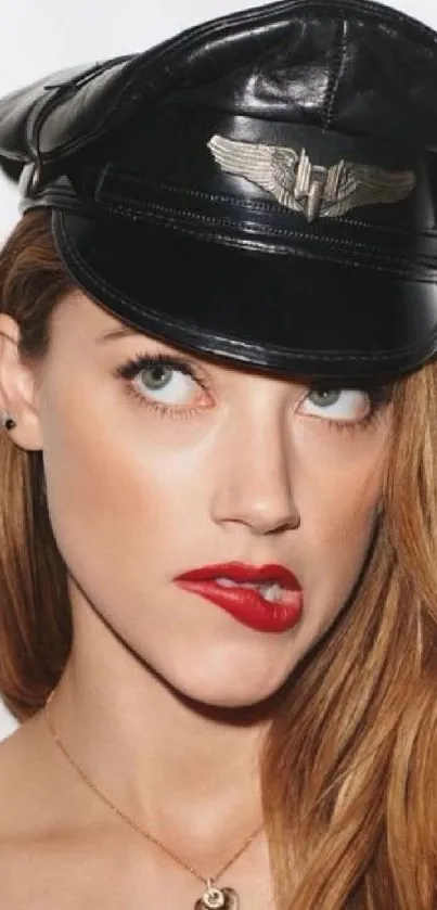 Chic woman with red lips, black leather hat, white background.