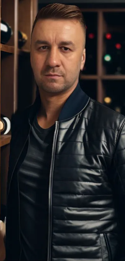 Person in leather jacket in wine cellar setting, stylish portrait.