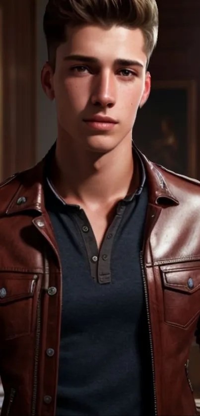 Young man in a leather jacket standing in a stylish setting.