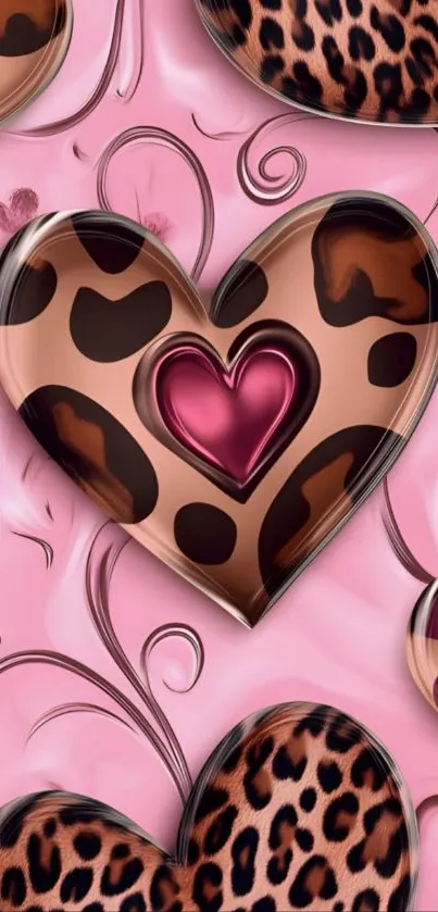 Leopard print hearts on a pink background.