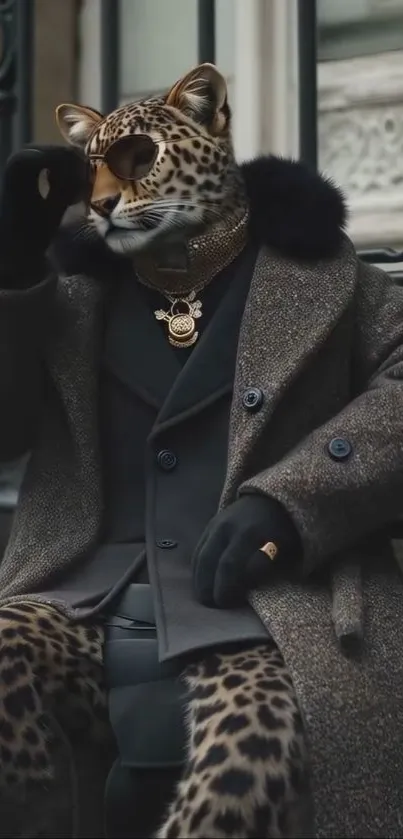 Leopard in stylish coat and sunglasses, sitting outdoors.